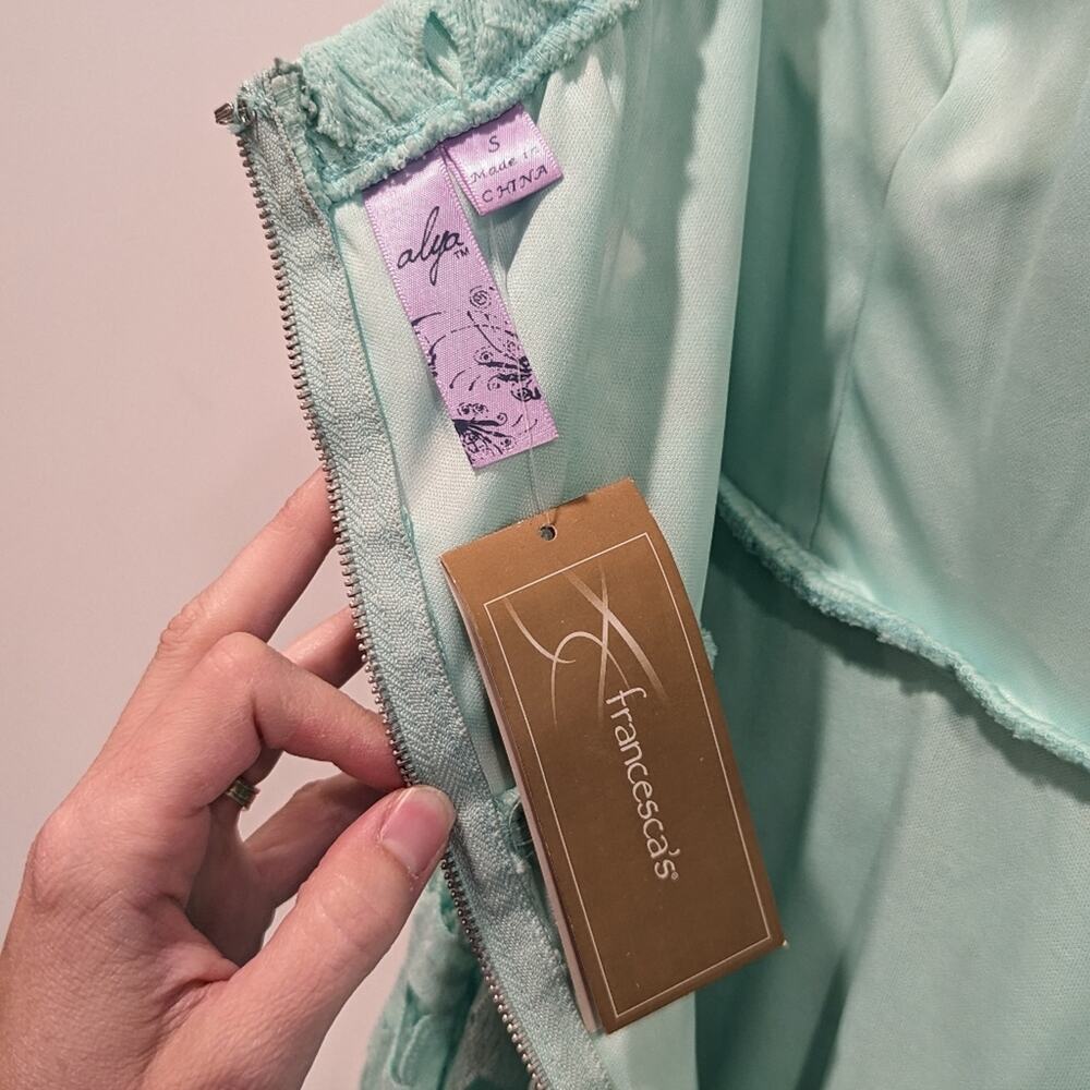 Francesca's Alya Strapless Lace Overlay knee length Mint Green Dress Size Small - Picture 3 of 5